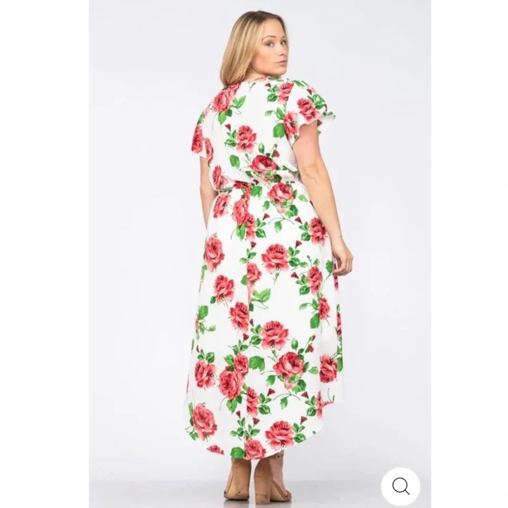 1X 2X 3X Ivory & Red Rose Wrap High Low Maxi Dress Plus Size - Picture 2 of 7